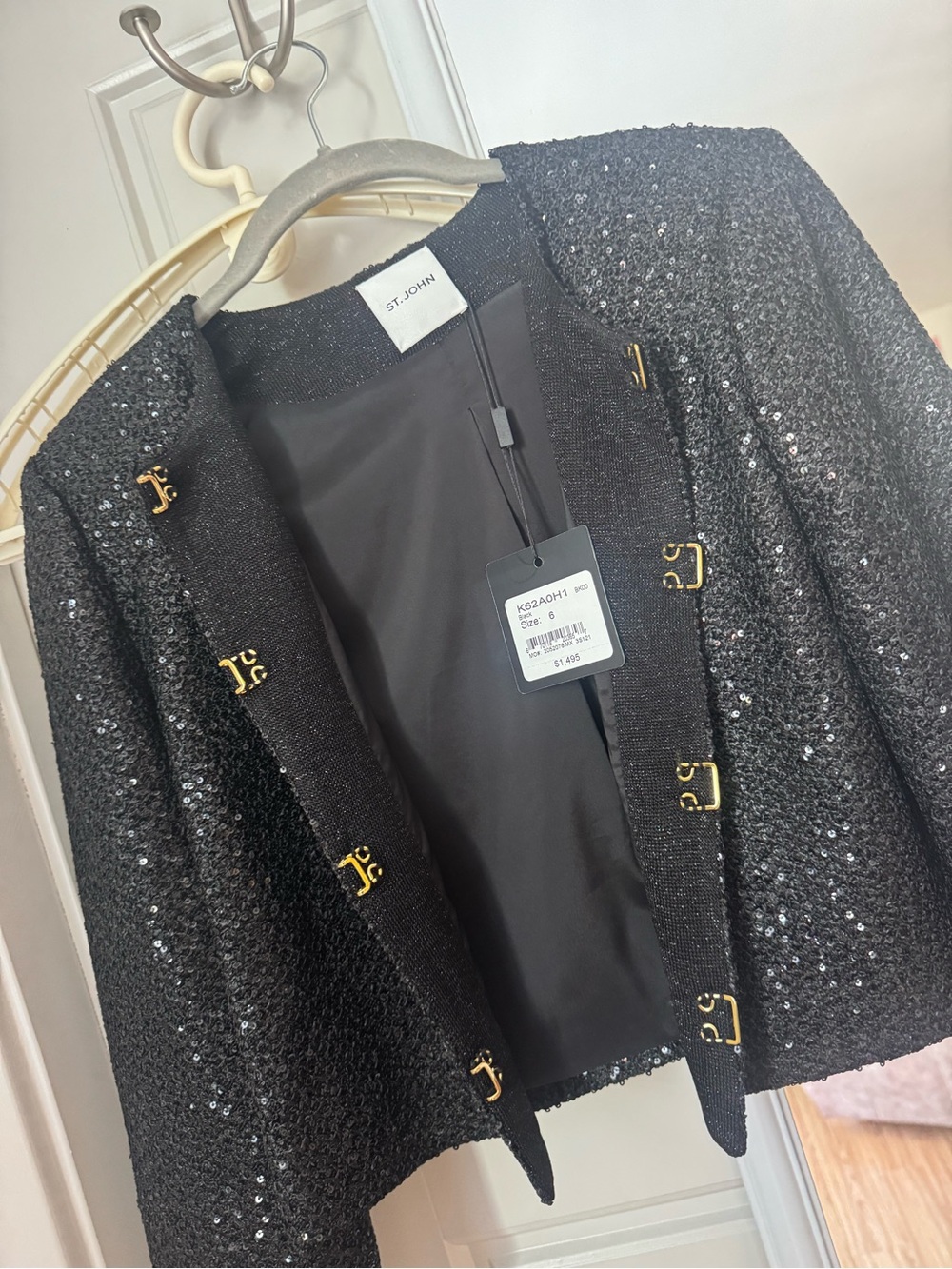 St. John Black Sequin Tweed Cropped Blazer with Gold Hooks